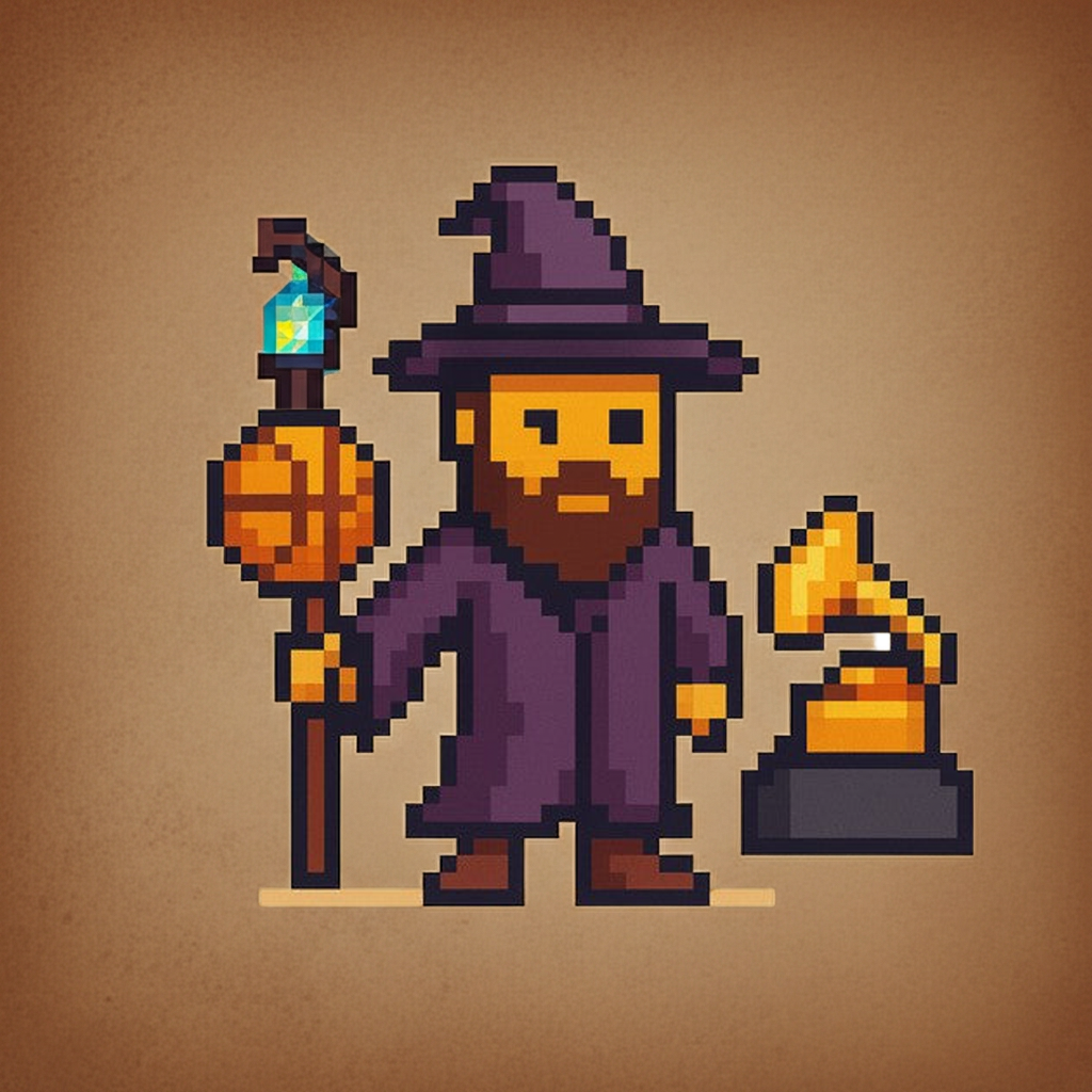 Pixel Art Mage with Basketball & Grammy Trophy - Digital Collectible