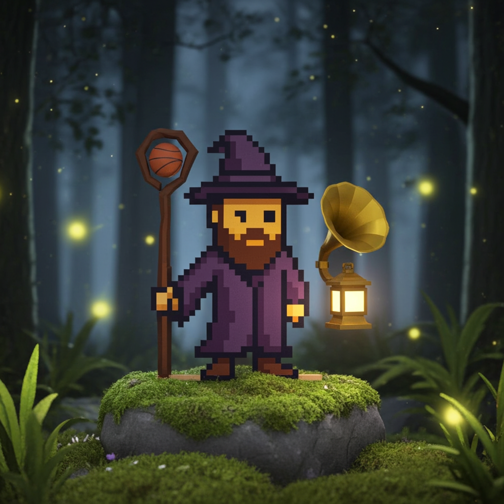 Pixel Art Mage with Basketball & Grammy Trophy - Digital Collectible