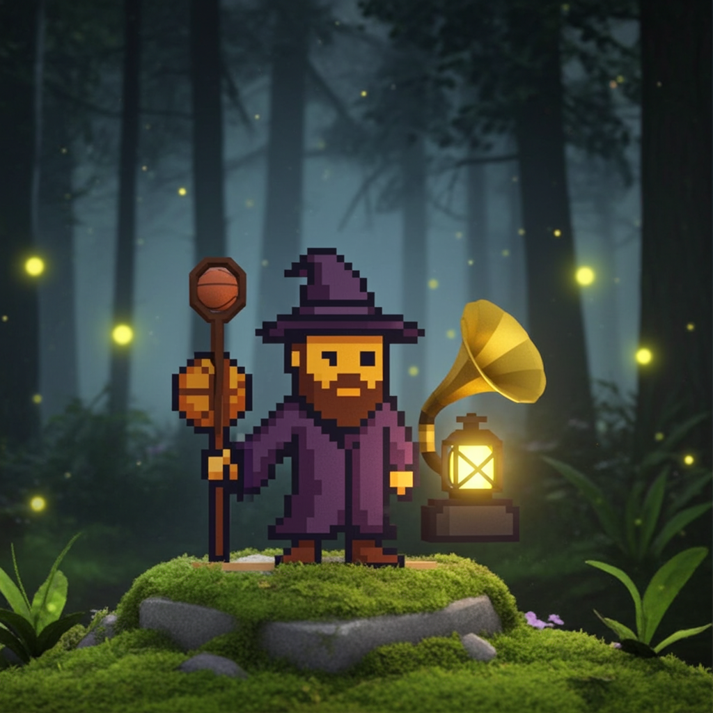 Pixel Art Mage with Basketball & Grammy Trophy - Digital Collectible